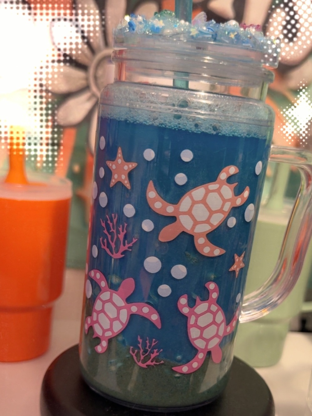 Sea Turtle Themed Blue Beach Snow Globe Tumbler with Handle